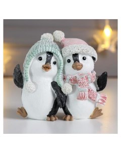 Сувенир полистоун Парочка пингвинов в шапке ушанке и колпаке мятно розовый 9х5 5х9 5 см Nnb