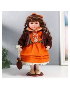 Кукла коллекционная керамика Василиса в ярко оранжевом платье с рюшами с сумочкой 30 см 758616 Nnb