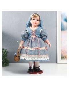 Кукла коллекционная керамика Катя в голубом платье с завязками в косынке 40 см Nnb