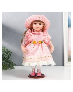 Кукла коллекционная керамика Маша в розовом платье в клетку с ромашками в шляпке 30 см Nnb