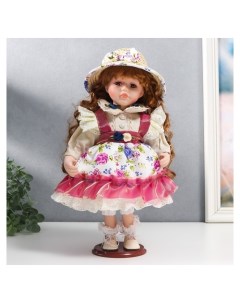 Кукла коллекционная керамика Женечка в платье с цветами в соломенной шляпке 30 см Nnb