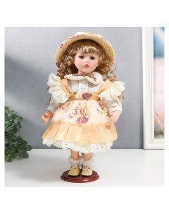 Кукла коллекционная керамика Алиса в жёлтом платье с цветами в соломенной шляпке 30 см Nnb