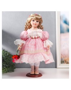Кукла коллекционная керамика Нина в нежно розовом платье в цветочном венке 40 см Nnb