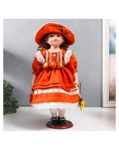 Кукла коллекционная керамика Вера в ярко оранжевом платье и шляпе с розами 40 см Nnb