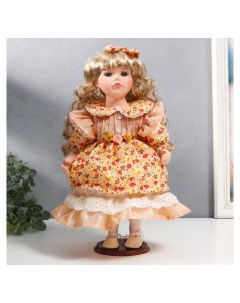 Кукла коллекционная керамика Тося в кремовом платье с цветочками с бантом в волосах 30 см 75861 Nnb