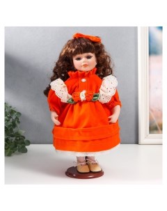 Кукла коллекционная керамика Агата в ярко оранжевом платье и банте с рюшами 30 см Nnb