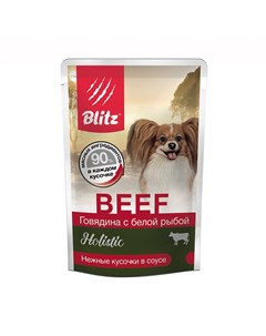 Корм для собак Holistic для мелких пород говядина с белой рыбой кусочки в соусе пауч 85г Blitz