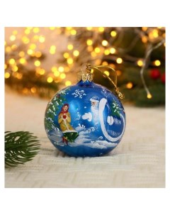 Ёлочный шар D 8 см Дед мороз и девочка ручная роспись синий Evis