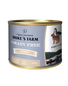 Корм для собак Grain Fee беззерновой утка кролик клюква шпинат банка 200г Duke's farm