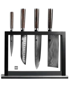 Набор кухонных ножей из дамасской стали 4 ножа подставка Damascus Kitchen KnifeSet HU0073 черный Huo hou