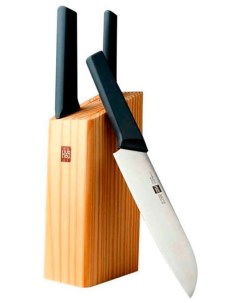 Набор стальных ножей 3 ножа деревянная подставка из сосны 4 Piece Kitchen Knife Set Lite HU0059 черн Huo hou