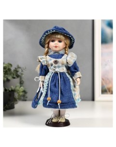 Кукла коллекционная керамика Алиса в джинсовом платье с клетчатой накидкой 30 см Nnb