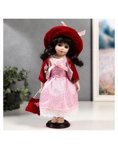 Кукла коллекционная керамика Таисия в розовом платье и красном кардигане 30 см Nnb