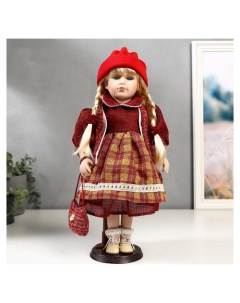 Кукла коллекционная керамика Марина в бордовом платье в клетку 40 см Nnb