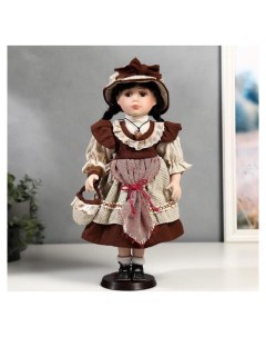 Кукла коллекционная керамика Рита в бордовом платье с передником 40 см Nnb