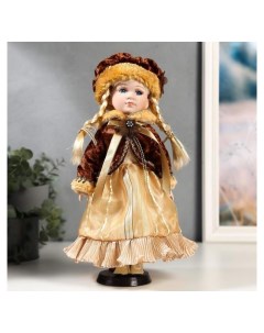 Кукла коллекционная керамика Лида в золотом платье и бархатной шубке 30 см Nnb