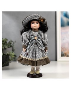 Кукла коллекционная керамика Валя в платье в полоску и вязаном жилете 30 см Nnb