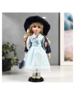 Кукла коллекционная керамика Ирина в голубом платье и сером пиджаке 30 см Nnb