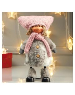 Кукла интерьерная Девочка в розовой шапке с ушками и белой шубке 27х10х17 см Nnb
