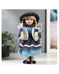 Кукла коллекционная керамика Есения в синем платье и сером кардигане 30 см Nnb