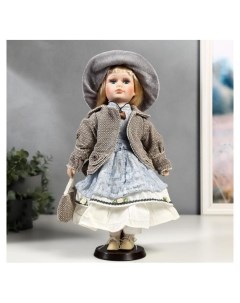 Кукла коллекционная керамика Лиза в голубом кружевном платье и серой курточке 40 см Nnb