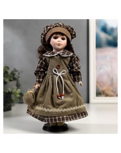 Кукла коллекционная керамика Ника в оливковом сарафане и платье в клетку 30 см Nnb