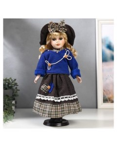 Кукла коллекционная керамика Блондинка с кудрями синий свитер с цветком 40 см Nnb