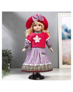 Кукла коллекционная керамика Блондинка с кудрями розовая свитер юбка сирень 40 см Nnb
