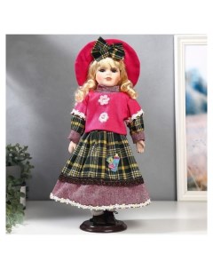 Кукла коллекционная керамика Блондинка с кудрями розовая шляпка и свитер 40 см Nnb