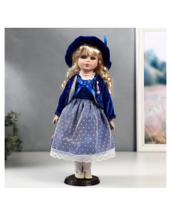 Кукла коллекционная керамика Женя в синем платье и бархатном пиджаке 40 см Nnb