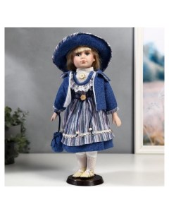 Кукла коллекционная керамика Стася в синем полосатом платье и синей куртке 40 см Nnb