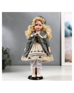 Кукла коллекционная керамика Оля в бежевом платье и зелёном пальто 40 см Nnb