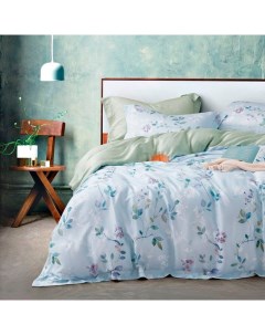 Комплект постельного белья евро цветы на светло голубом простыня светло оливковая Anabella asabella
