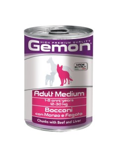 Корм для собак Medium для средних пород кусочки говядины с печенью банка 415г Gemon