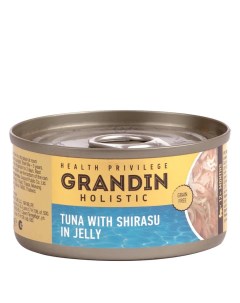 Консервированный корм для взрослых кошек филе тунца с топпингом из рыбы ширасу в желе 80 г Grandin