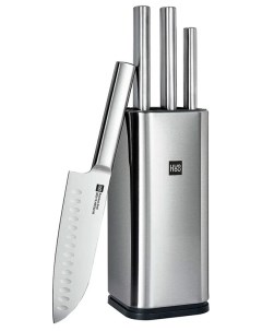 Набор стальных ножей 3 ножа ножницы подставка Stainless Steel Kitchen Knife Set HU0095 серебристый Huo hou