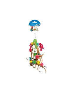 Игрушка для птиц Подвеска деревянная с кожанными полосками и хлопком разноцветная 23см Duvo+