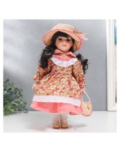 Кукла коллекционная керамика Тася в розовом платье с розочками 30 см Nnb