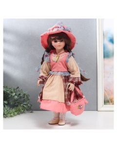Кукла коллекционная керамика Арина с косичками в бежево розовом платье 40 см Nnb
