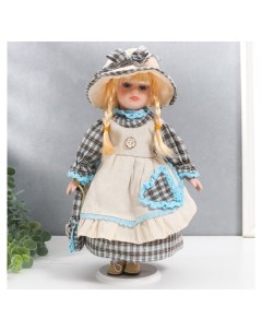 Кукла коллекционная керамика Лена в голубом платье и шляпке в клетку 30 см Nnb