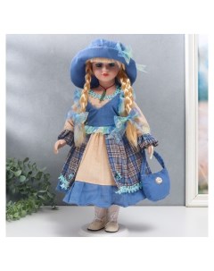 Кукла коллекционная керамика Алиса с косичками в бежево голубом платье 40 см Nnb