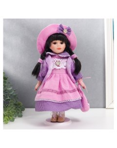 Кукла коллекционная керамика Женя в розово сиреневом платье в клетку 30 см Nnb