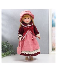 Кукла коллекционная керамика Нина в розовом платье и бордовом жакете 40 см Nnb