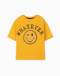 Желтая футболка Oversize со смайликом и надписью Whatever для мальчика Gloria jeans