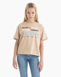 Бежевая футболка с зайчиками и надписью для девочки Gloria jeans