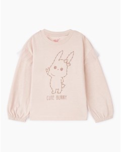 Бежевый лонгслив с оборками и принтом Cute bunny для девочки Gloria jeans