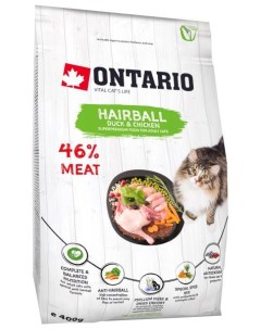 Сухой корм Онтарио для кошек для выведения комочков шерсти с Уткой и курицей Ontario