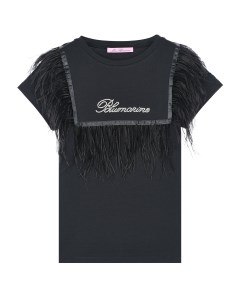 Черная футболка с отделкой перьями детская Miss blumarine