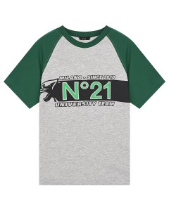 Серая футболка с зелеными рукавами детская No21