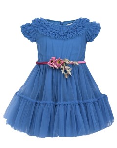 Синее платье с рюшами и поясом с цветами детское Monnalisa